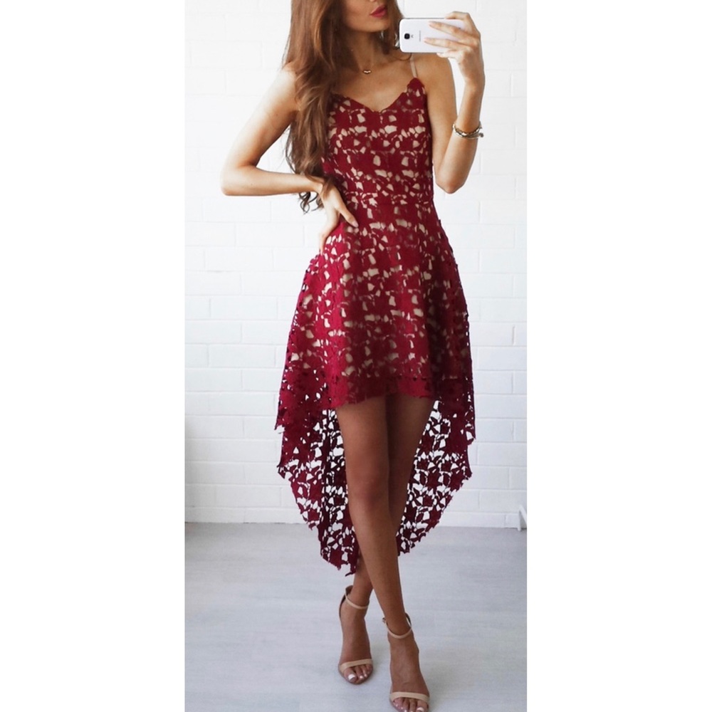 High-low red lace dress